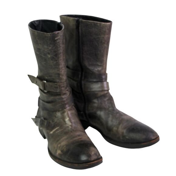 Vera Wang LAVENDER BROWN GENUINE LEATHER LOW HEEL MOTORCYCLE BOOTS SHOES Sz 9.5 - Picture 1 of 13